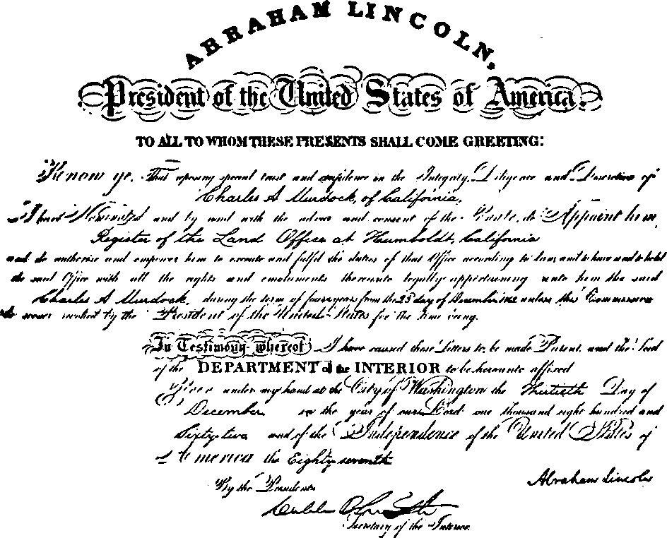 Presidential Commission As Registrar of the Land Office At Humboldt, California