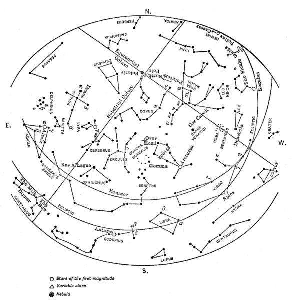 Maps showing the principal stars visible from Lat. 40° N. at 9 o'clock, July first. Maps showing the principal stars visible from Lat. 40° N. at 9 o'clock, July first.