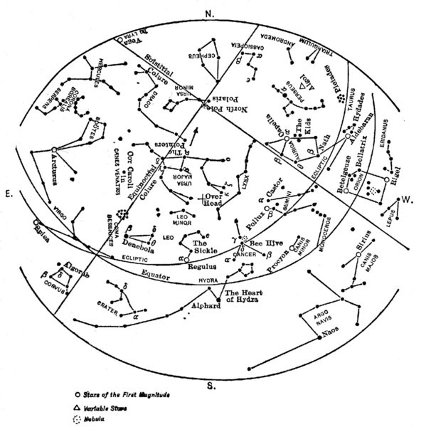 Map showing the principal stars visible from Lat. 40° N. at 9 o'clock April 1st. Map showing the principal stars visible from Lat. 40° N. at 9 o'clock April 1st.
