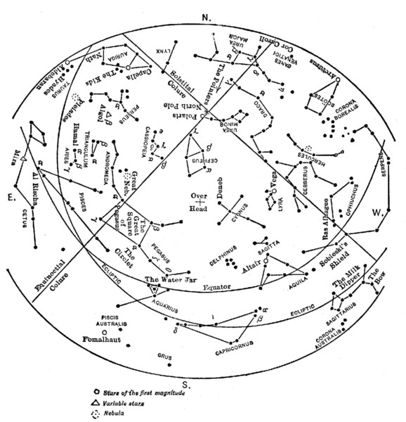 Map showing the principal stars visible from Lat. 40° N. at 9 o'clock, October first. Map showing the principal stars visible from Lat. 40° N. at 9 o'clock, October first.