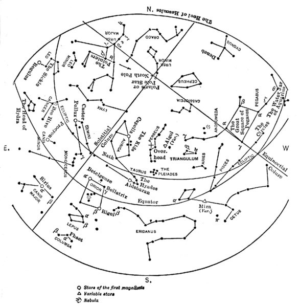Map showing the principal stars visible from Lat. 40° N. at 9 o'clock, January first. Map showing the principal stars visible from Lat. 40° N. at 9 o'clock, January first.