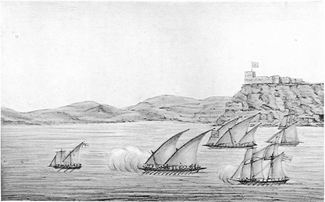 ENTRANCE OF ST. IAGO, CUBA.“My First Capture by the Spaniards,” from a Drawing by the Author. Entrance of Santiago, Cuba, from a drawing by the author.