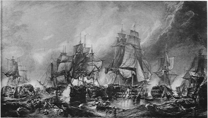 THE BATTLE OF TRAFALGAR. [C. Stansfield, R.A., Pinxit. Battle of Trafalgar, painting by C. Stansfield.