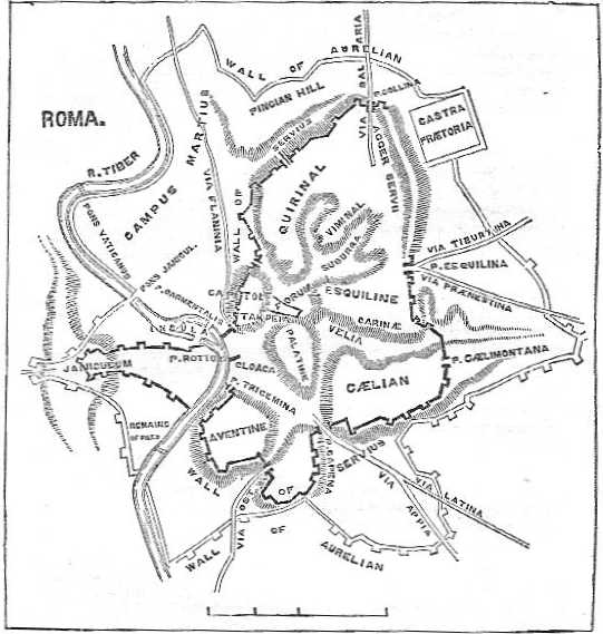 Map of Rome, showing the Servian Wall and the Seven Hills. Map of Rome, showing the Servian Wall and the Seven Hills.