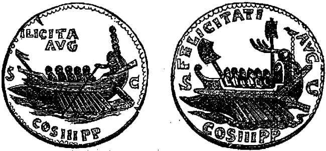 Reverses of Roman brass Coins, showing Galleys. Reverses of Roman brass Coins, showing Galleys.