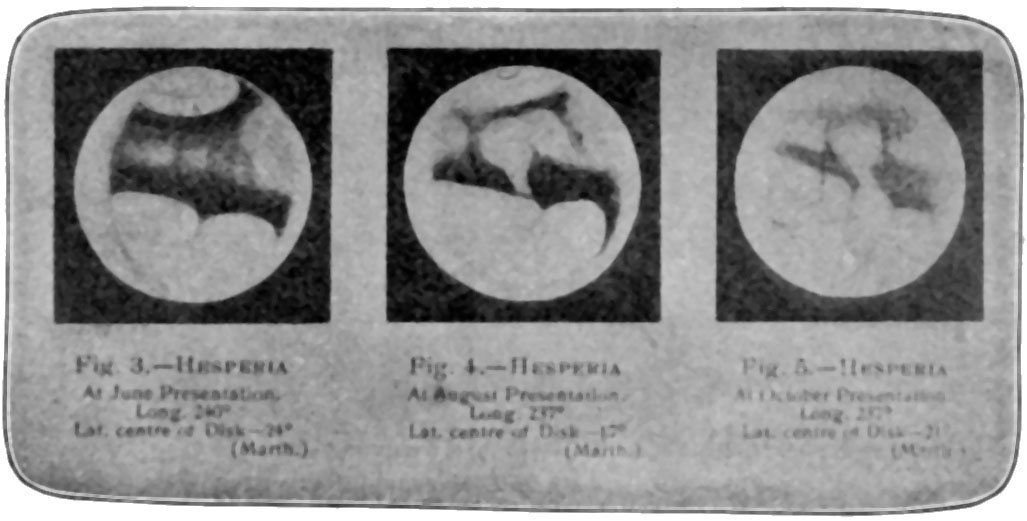 Fig. 98.—The same face of Mars at three different seasons.—Lowell.
