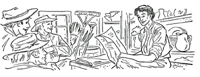 Abe reads the newspaper out loud. Abe reads the newspaper out loud.