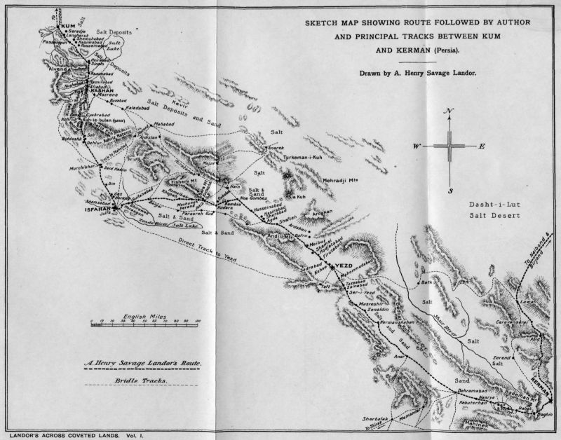 Sketch Map Showing Route Followed by Author and Principal Tracks between Kum and Kerman (Persia). Sketch Map Showing Route Followed by Author and Principal Tracks between Kum and Kerman (Persia).