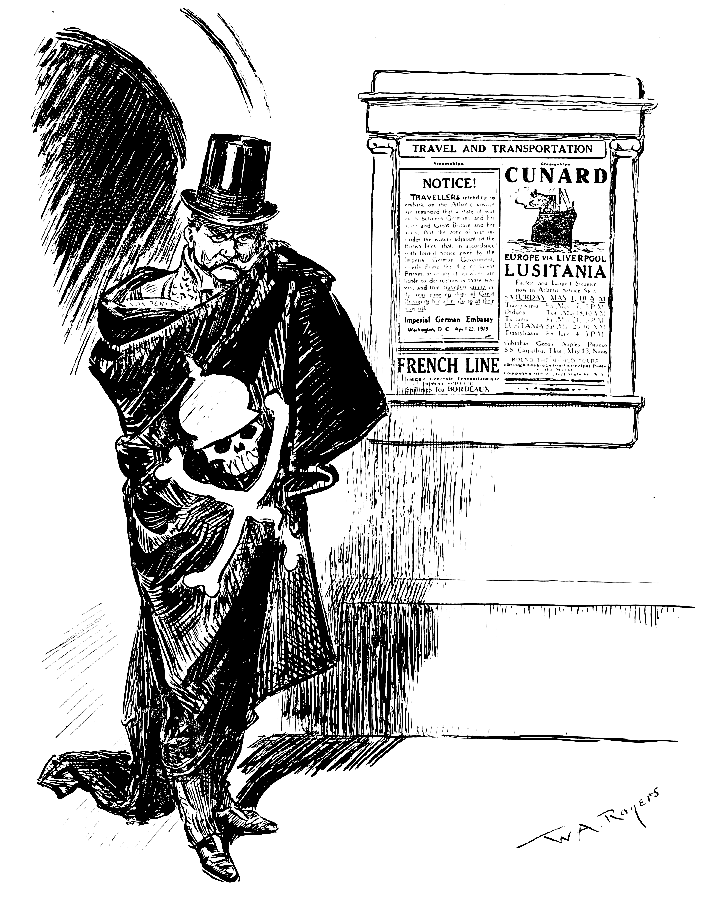 Count Von Bernstorff wearing a death-head cloak standing         next to the announcement