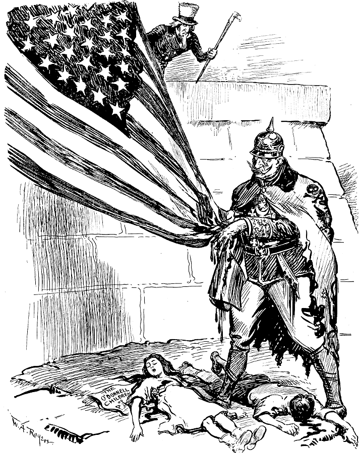 The Kaiser wiping the blood of children off of his hands         with a U.S. flag.