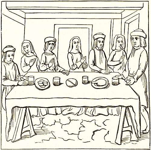 Dinner-table of middle-class, fifteenth century Dinner-table of middle-class, fifteenth century