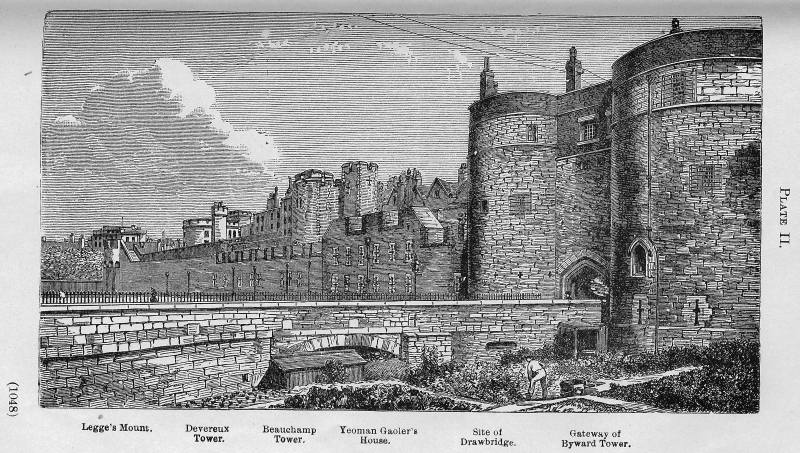 Plate II. Legge's Mount. Devereux Tower. Beauchamp Tower. Yeoman Gaoler's House. Site of Drawbridge. Gateway of Byward Tower.