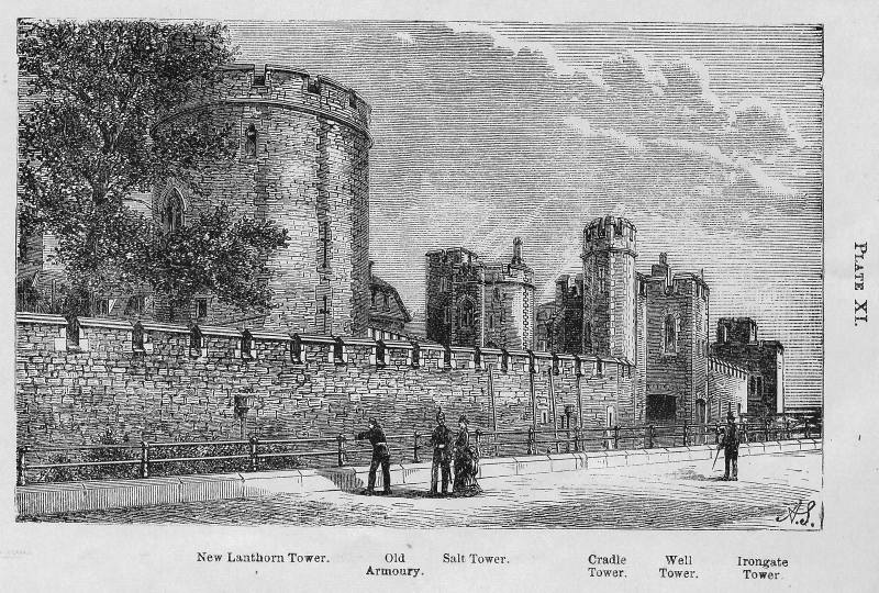 Plate XI. New Lanthorn Tower. Old Armoury. Salt Tower. Cradle Tower. Well Tower. Irongate Tower.