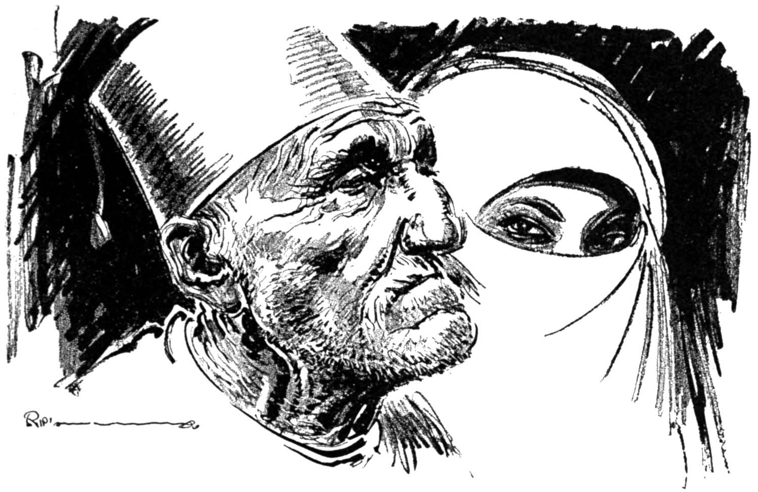 Portrait of old man with fez and veiled wife