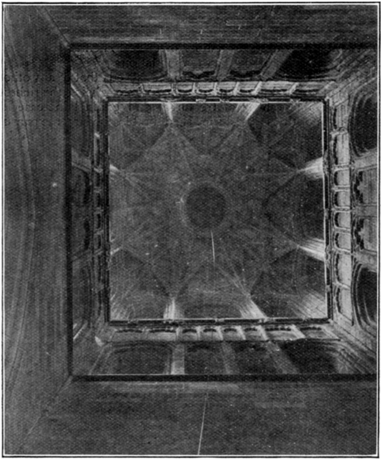 INTERIOR OF THE TOWER FROM BELOW.