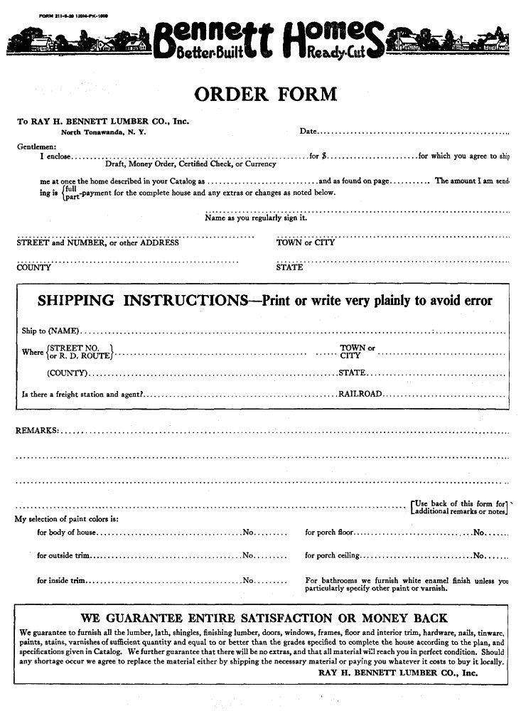 Bennett Homes Better-Built Ready-Cut Order Form  FORM 211-5-20 120M-PK-1000