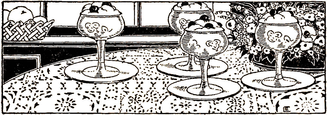 Black and white illustration of four desserts on a table
