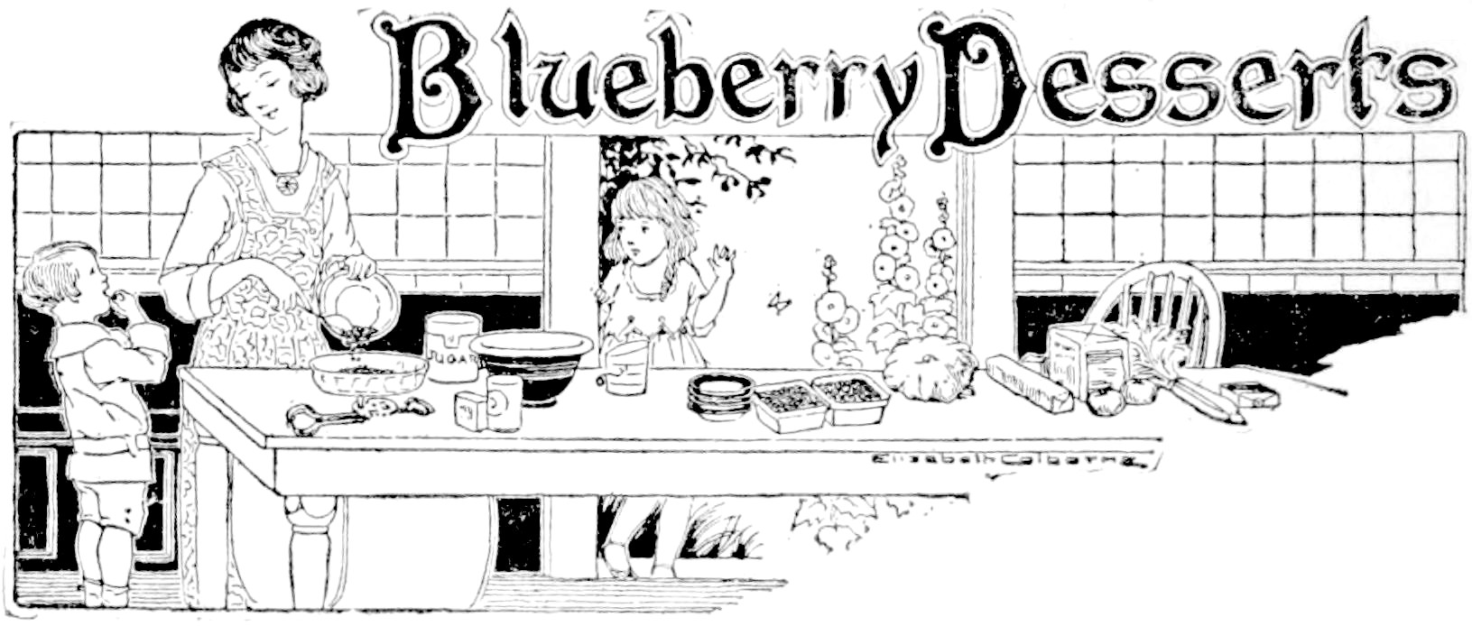Black and white illustration of a kitchen table with a mother and two children preparing blueberries