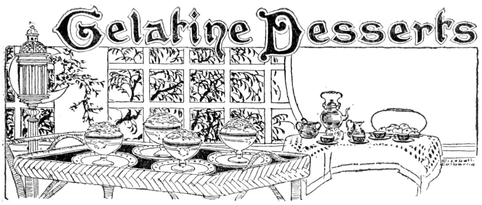 Illustration of a bavarian cream served on a plate on a table together with flowers in the background