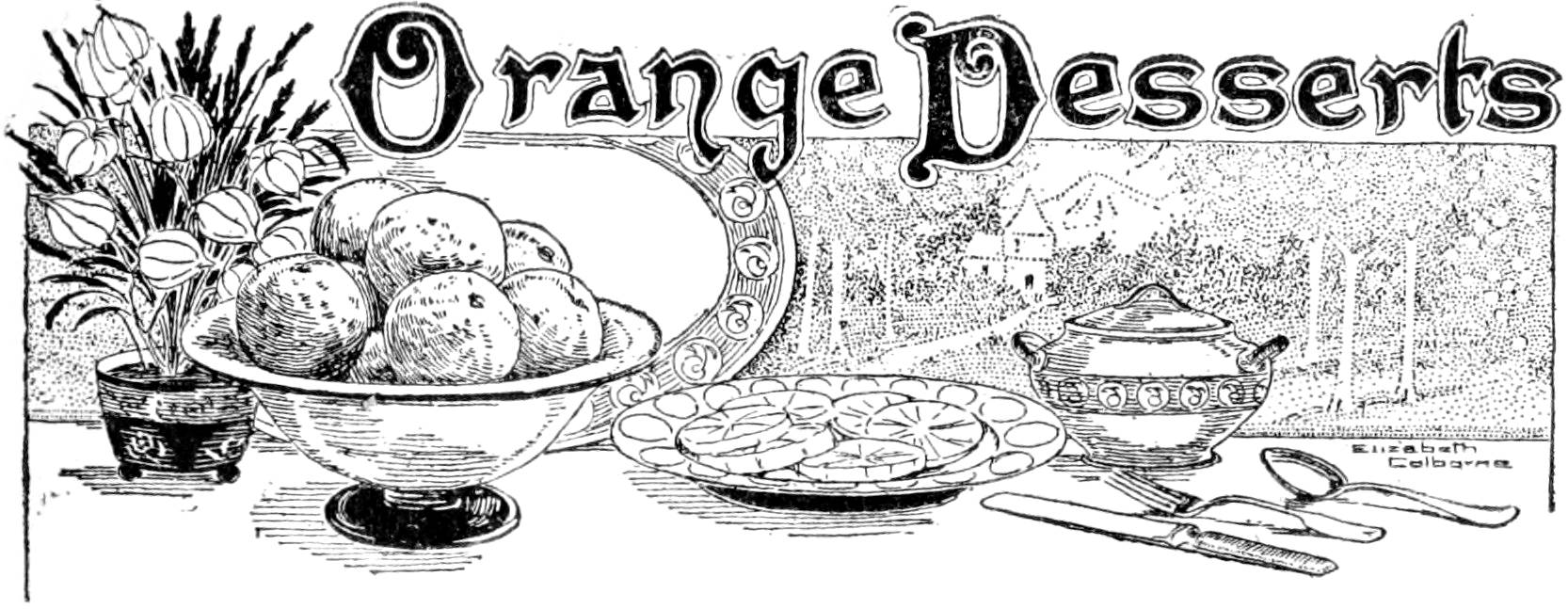 Black and white illustration of oranges arranged on a table