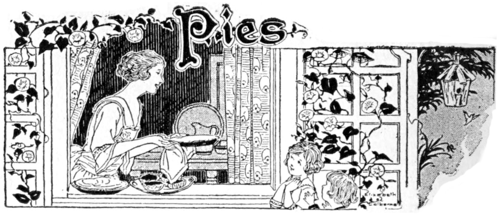 Black and white illustration of a mother serving a pie through a within to two children