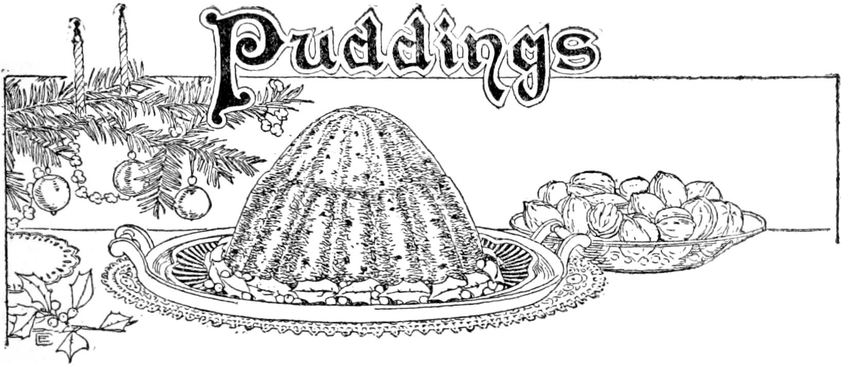 Illustration of a plum pudding served on a plate