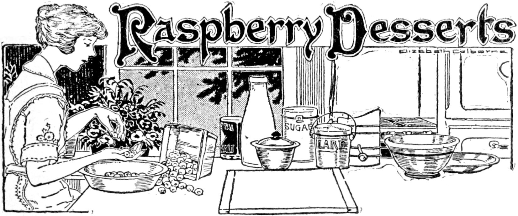 Black and white illustration of a women preparing raspberries at a kitchen table