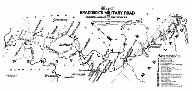 Map of BRADDOCK’S MILITARY ROAD FROM CUMBERLAND, MD. TO BRADDOCK, PA. 1755. Compiled by John Kennedy Lacock 1912. Map of BRADDOCK’S MILITARY ROAD FROM CUMBERLAND, MD. TO BRADDOCK, PA. 1755. Compiled by John Kennedy Lacock 1912.
