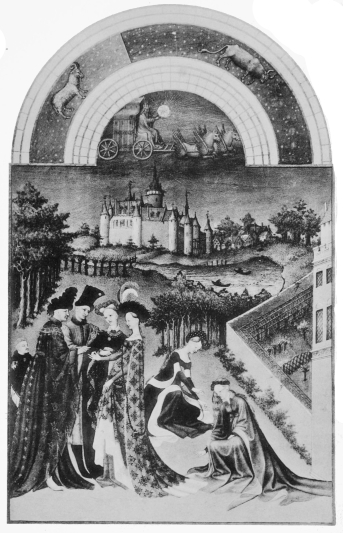 Plate XXIX.  Photo. Giraudon.  APRIL.  Pol de Limbourg.  From The “Très Riches Heures du Duc de Berry.”  To face page 158.