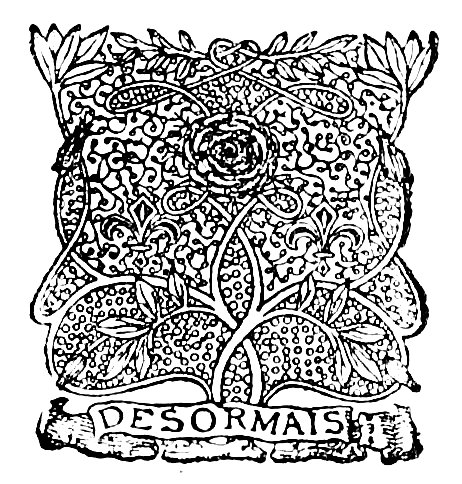 Decorative printer’s device showing a stylized flowering tree with intertwined branches and foliage, framed by ornamental leaves, above a scroll bearing the motto DESORMAIS.