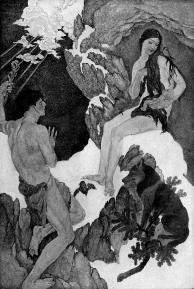 There, seated in the entrance to the cave, the Man saw the Woman, but not the Woman as he had left her.