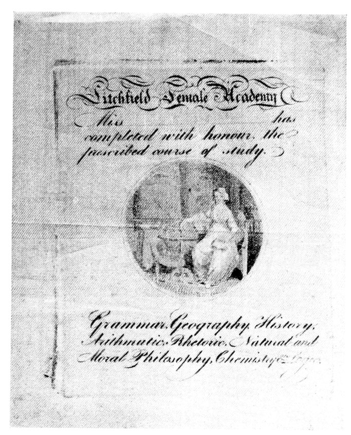 Decorative page headed 'Litchfield Female Academy,' with handwritten text describing the course of study, a small circular vignette of a seated woman reading by a window, and a handwritten list of subjects including grammar, geography, history, arithmetic, rhetoric, natural and moral philosophy, and chemistry.