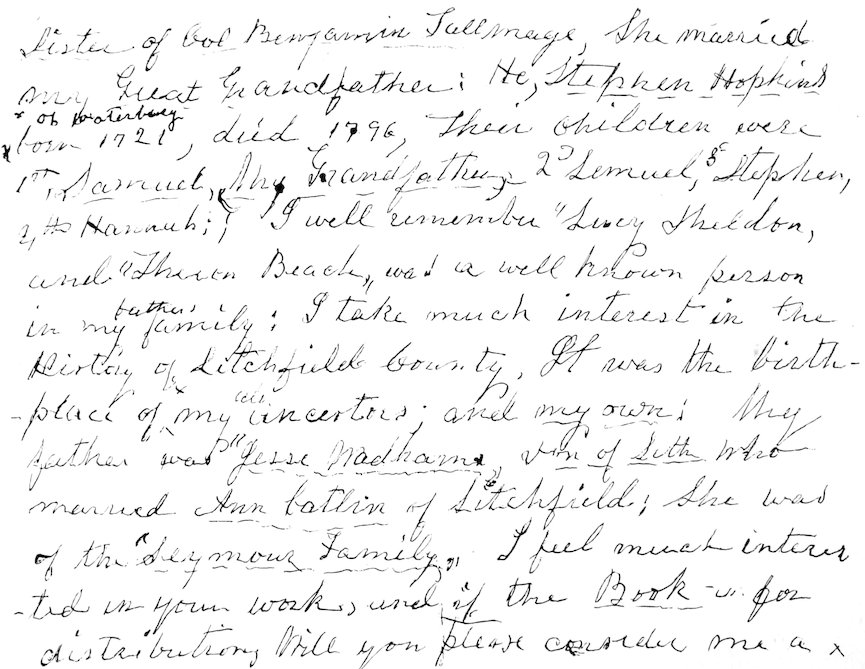 Four-page handwritten letter dated February 14, 1882, written in cursive ink, discussing personal history, family connections, schooling in Litchfield, and memories of the Litchfield Female Academy.