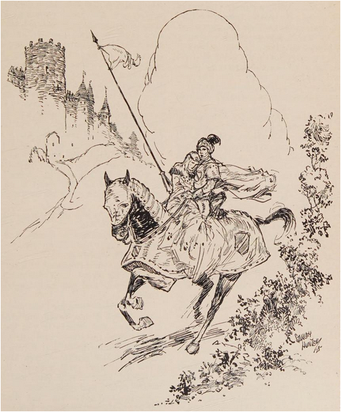 [Illustration of an armored knight riding a galloping horse and holding a woman seated in front of him. The knight’s right hand holds a long staff tipped with a small flag, while his left hand secures the woman. His cape flaps in the wind. The horse is dressed with coverings from head to hind quarters. They are centered in the frame with a billowing cloud rising behind them. The lower-right part of the frame has nearby vegetation. The upper-left part has a castle on a hill a small distance away. The artwork has a printed signature, but the stylized last letter of the last name is uncertain; an “R” would complete the name “Stanley Hunter.”]