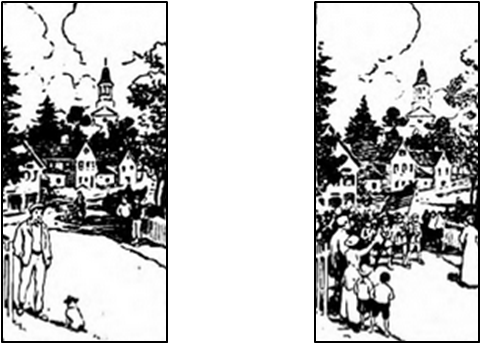 [Two illustrations cover the time span of the poem. The first illustration’s foreground has a boy facing the viewer, walking along a neighborhood street, and approaching a small, sitting dog whose back faces the viewer. The street bends right and into the background past homes and a few neighbors looking in the boy’s direction. A church steeple is prominent above the homes and trees. The second illustration has the same viewpoint of the neighborhood. People line the side of the street, their backs to the viewer, as a troop formation carrying an American flag parades towards the viewer.]