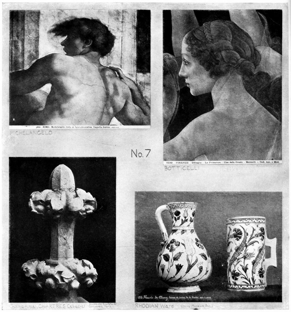 No. 7. Examples of Line and Notan Harmony. Michelangelo. Botticelli. Gothic Finial. Rhodian Ware.