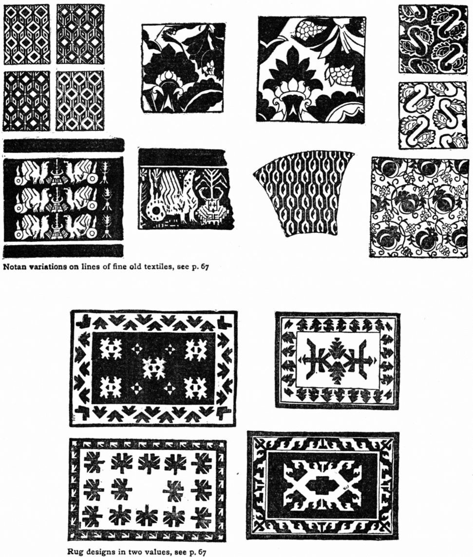 Notan variations on lines of fine old textiles. Rug designs in two values.