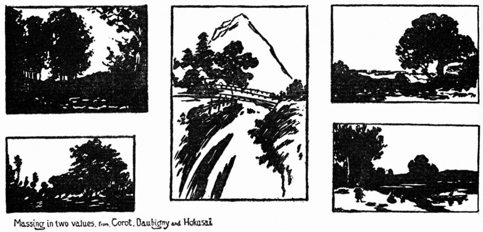 Massing in two values, from Corot, Daubigny and Hokusai.