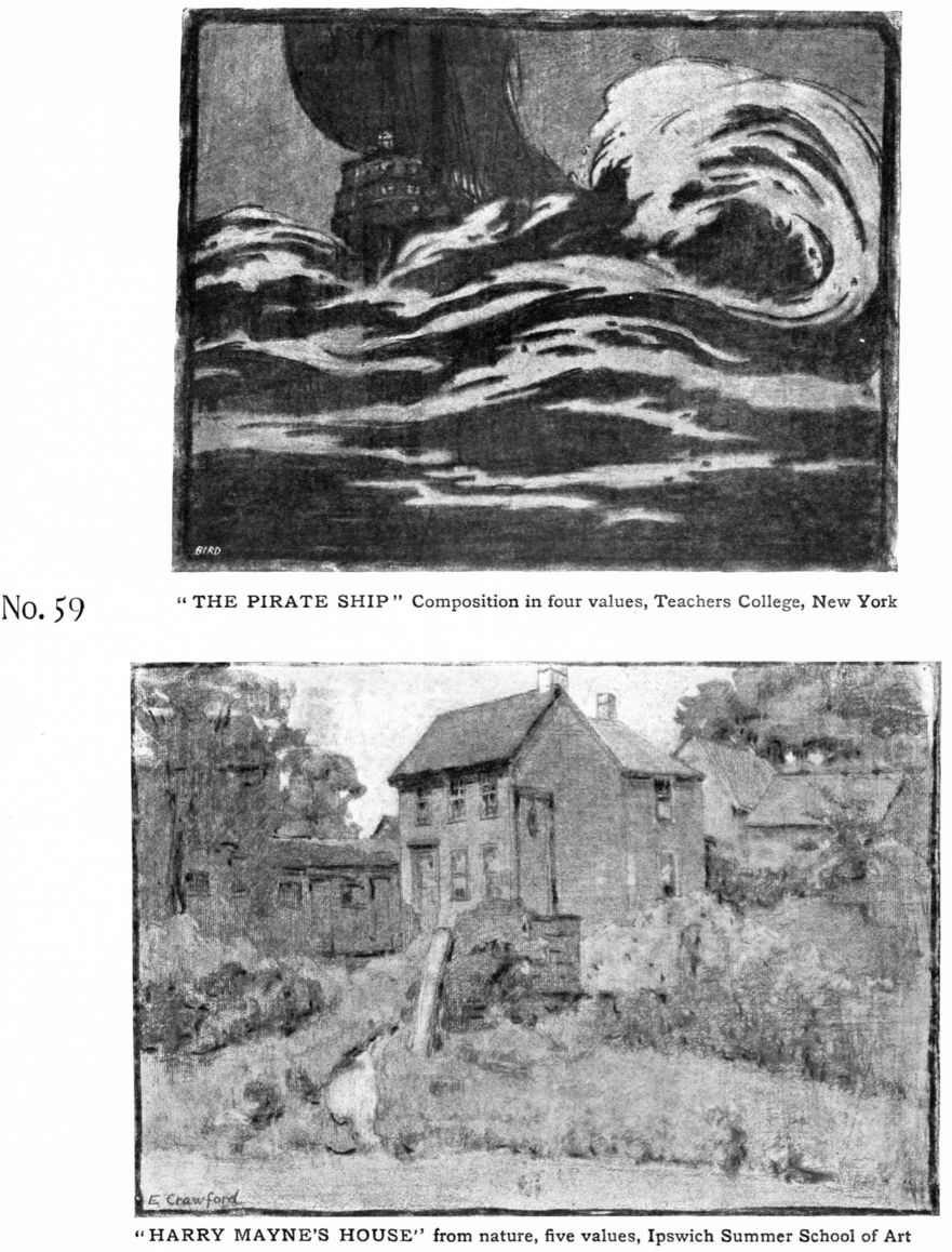 “The Pirate Ship”, Composition in four values, Teachers College, New York. “Harry Mayne's House”, from nature, five values, Ipswich Summer School of Art