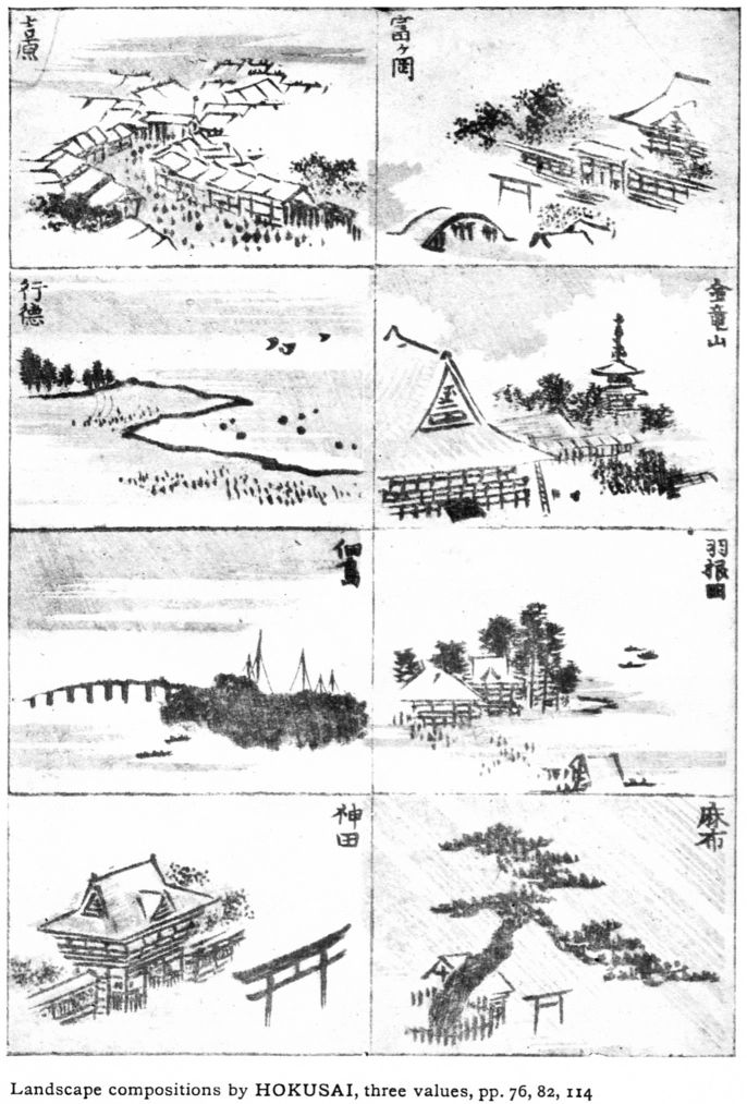 Notan VII. Landscape compositions by HOKUSAI, three values.