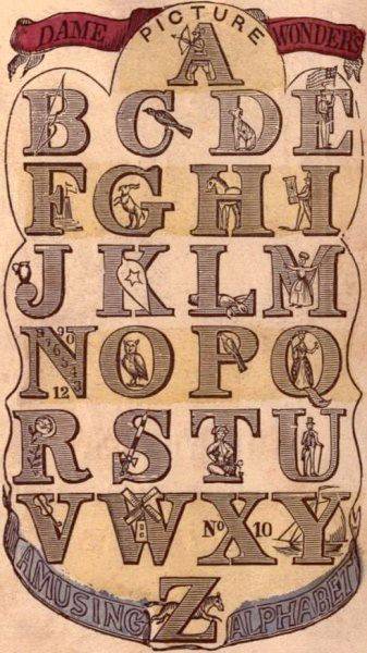Dame Wonder's Amusing Picture Alphabet: capital letters decorated with items mentioned in the text