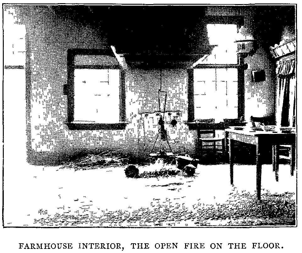Farmhouse Interior, the Open Fire on the Floor. Farmhouse Interior, the Open Fire on the Floor.