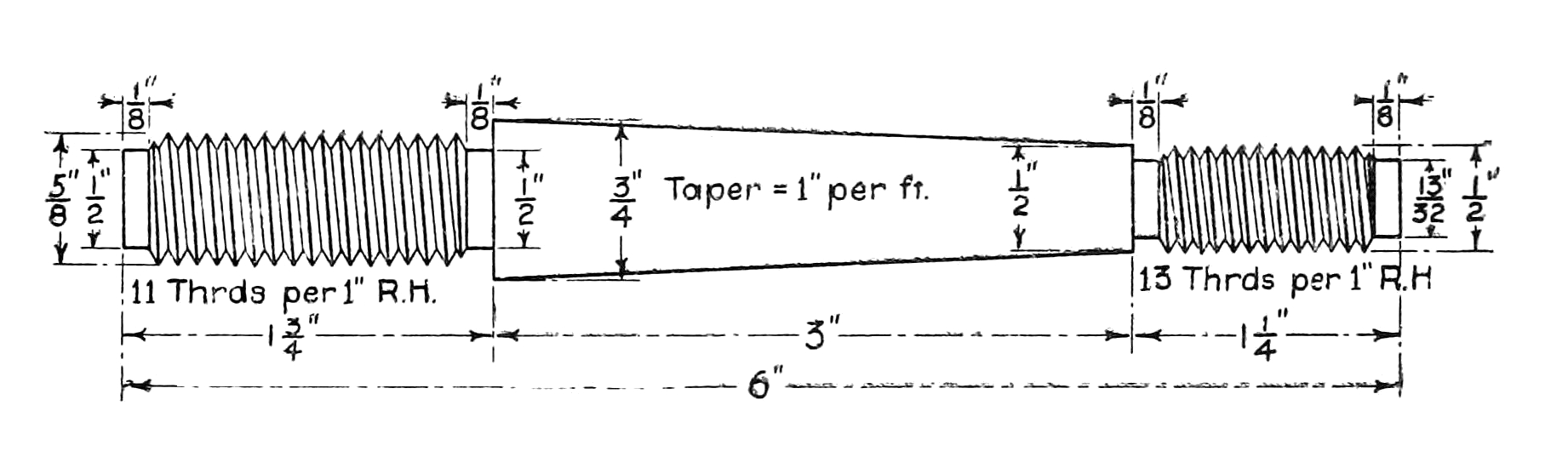 Diagram of tapered shaft, with threads on each end