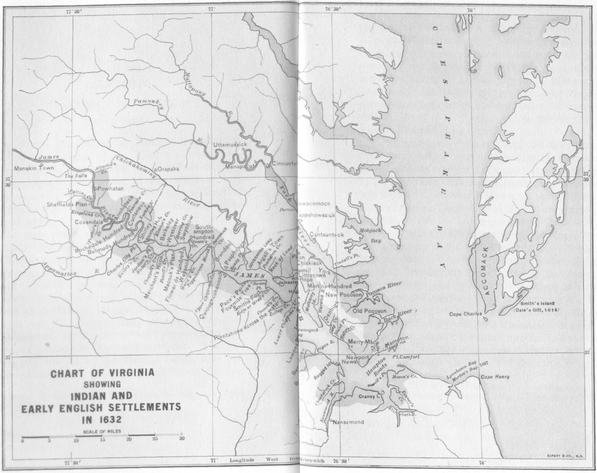 Chart of Virginia Showing Indian and Early English Settlements In 1632