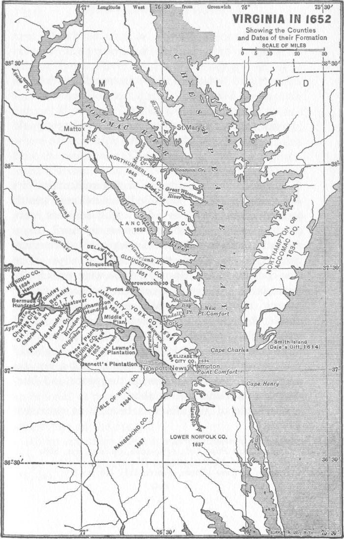 Virginia in 1652. Showing the Counties and Dates Of Their Formation. This map shows most of Chesapeake Bay and the Potomac River, spanning approximately 36°10' to 38°50' North and 77°30' to 75°25' West