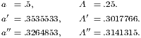 a = .5, A =.25. a′ = .3535533, A′ =.3017766. ′′ ′′ a = .3264853, A =.3141315.