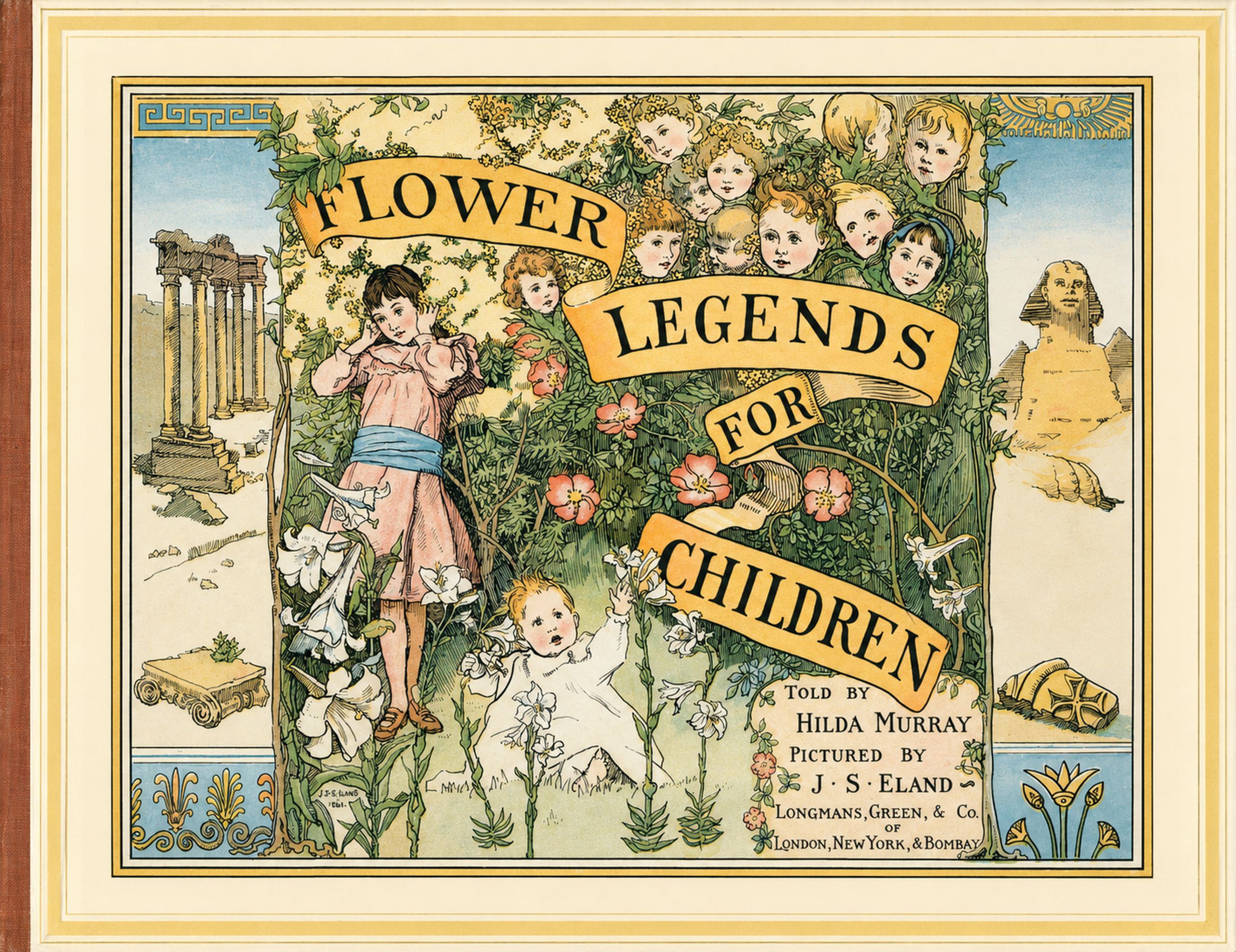 Illustrated cover of 'Flower Legends for Children' featuring a girl in a lush lily garden flanked by ancient ruins.