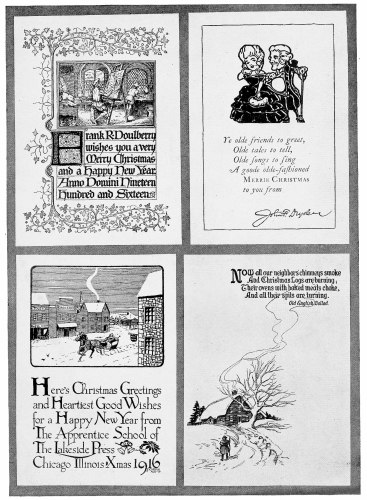 Plate 6 Four Varied Styles of design in holiday cards, for more advanced talent. Note how each one is based on a foundation of good design. These cards were all designed by those sending them out as personal greetings.