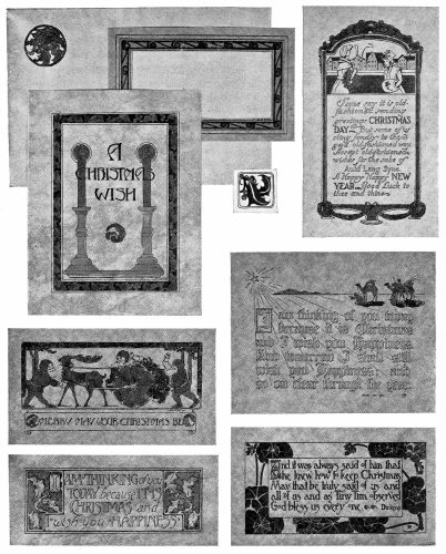 Plate 7 A Page of strong designs made by art school students. Notice how the designs have been kept in simple broad masses and the lettering made part of the design. The originals in color were even more unified.
