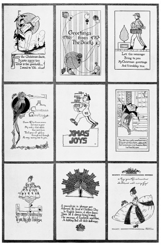 Plate 8 A Page of Christmas Cards in which a semi-humorous element has been incorporated. Cards like these often create a pleasant variation from the more formal ones. These were designed by high school students.